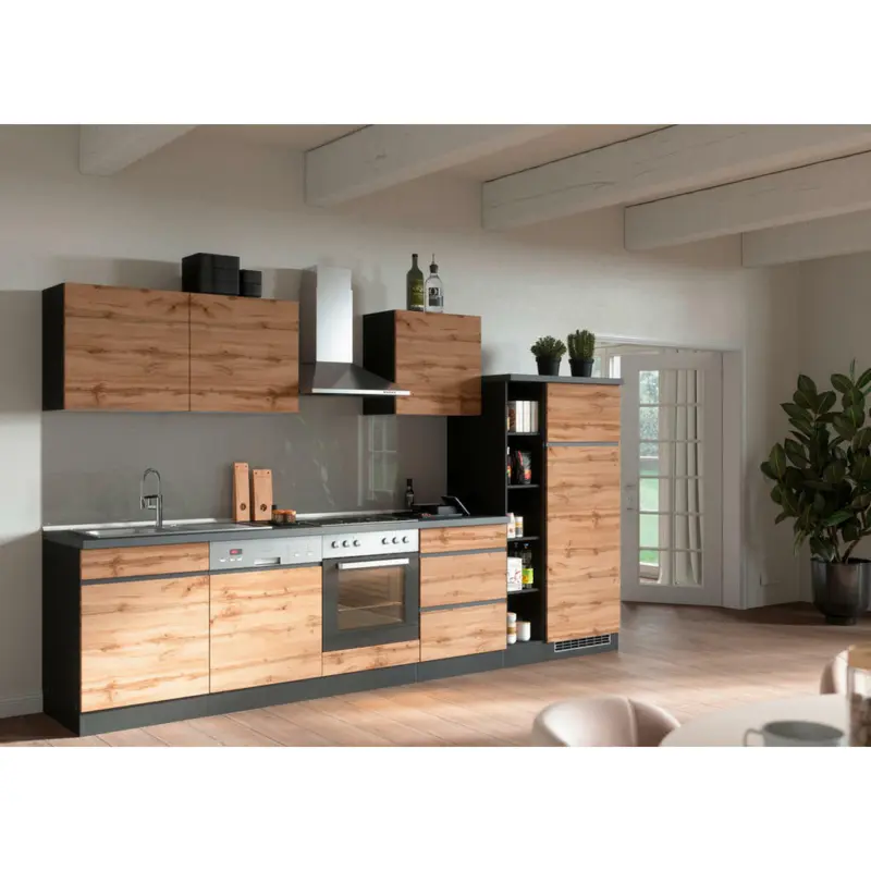 K&uuml;chenblock 330 cm in Graphitfarben, Eiche Wotan