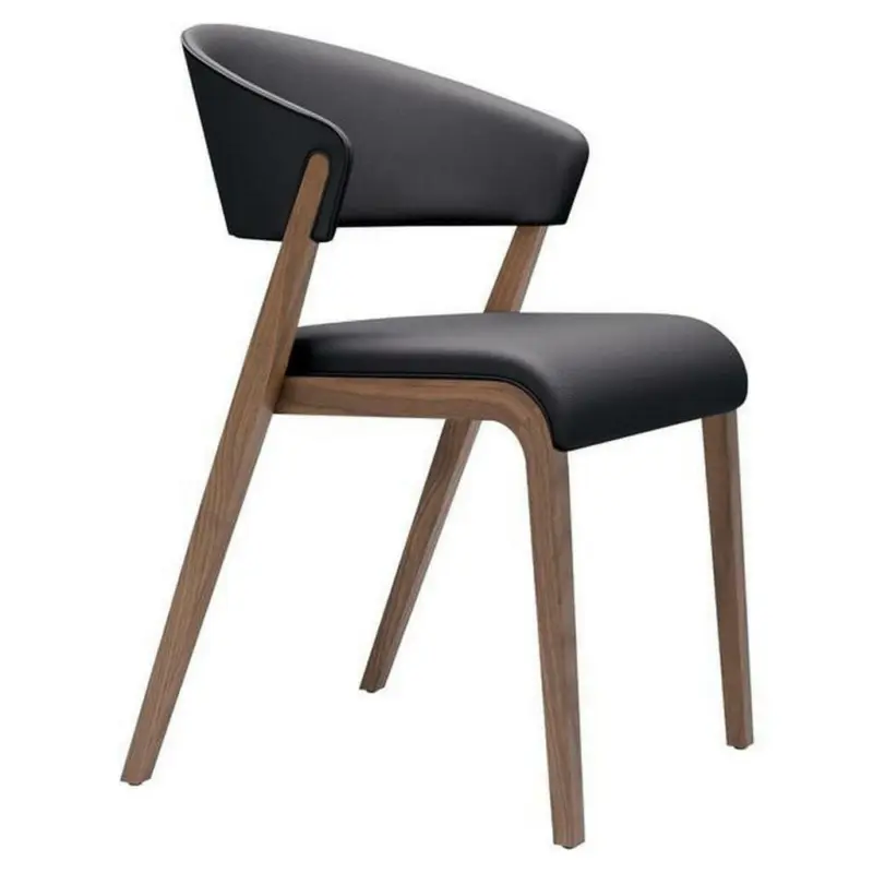 Stuhl in Holz, Leder Schwarz, Nussbaumfarben