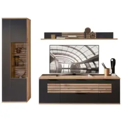 Wohnwand 265/206/50 cm in Graphitfarben, Eichefarben