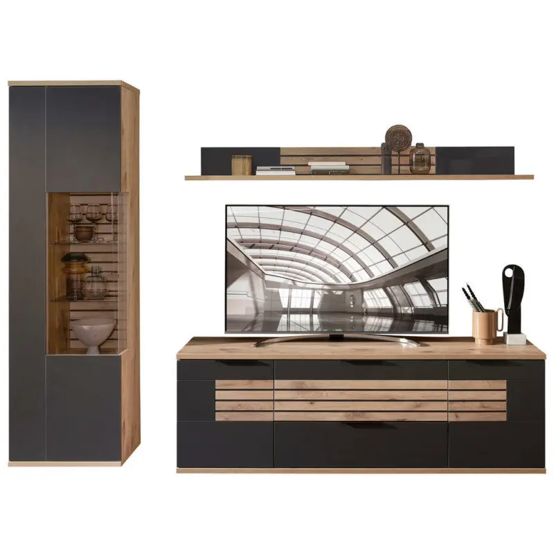 Wohnwand 265/206/50 cm in Graphitfarben, Eichefarben