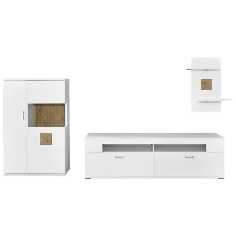 Wohnwand 317,1/171/50,2 cm in Wei&szlig;, Eichefarben, Wei&szlig; Hochglanz