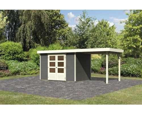 Gartenhaus Karibu Kodiak 4 inkl. Anbaudach 2,4 m 526x217 cm terragrau