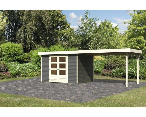 Gartenhaus Karibu Kodiak 4 inkl. Anbaudach 2,8 m 561x217 cm terragrau