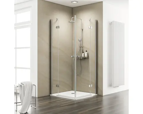 Eckeinstieg mit Drehtür Schulte ExpressPlus Masterclass 900x900x2000 mm Echtglas Klar hell chromoptik inkl. Duschwanne