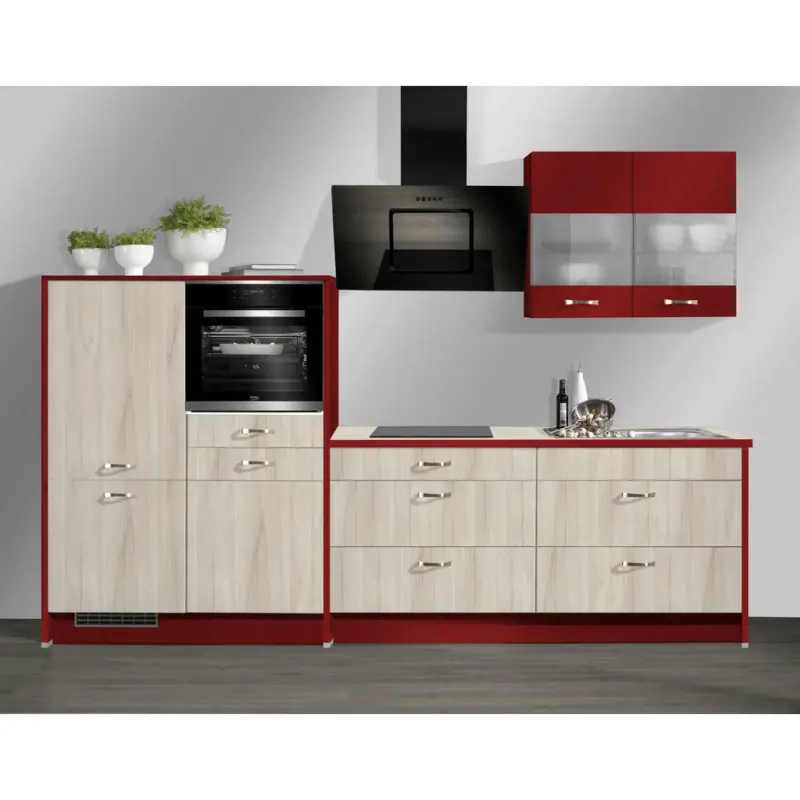 Küchenleerblock 305 cm in Rot, Ahornfarben