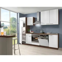 K&uuml;chenblock 280 cm in Wei&szlig;, Nussbaumfarben