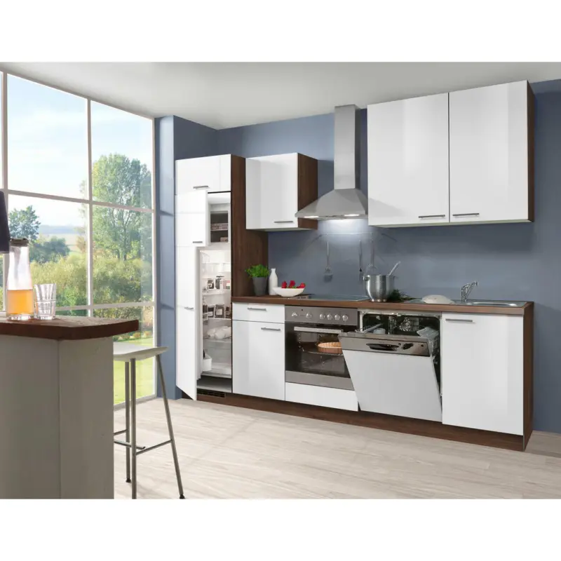 K&uuml;chenblock 280 cm in Wei&szlig;, Nussbaumfarben