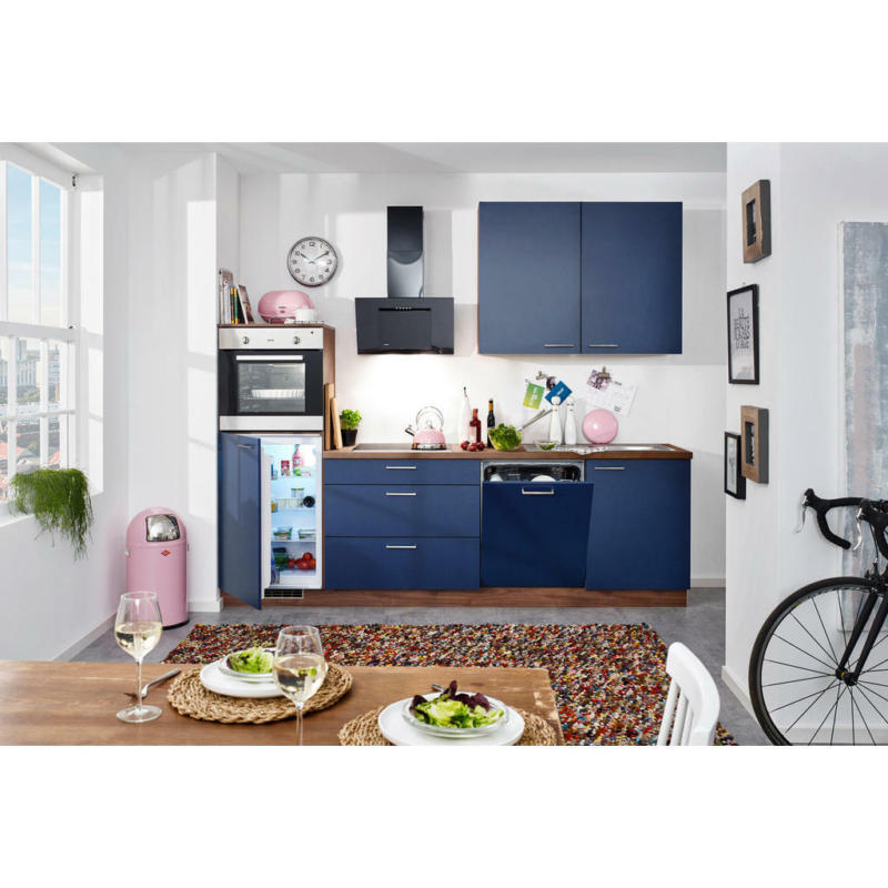 Küchenblock 270 cm in Blau, Nussbaumfarben