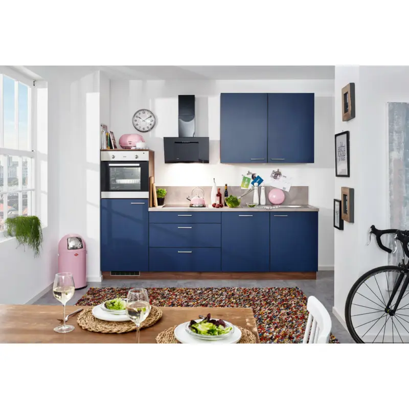 Küchenblock 270 cm in Grau, Nussbaumfarben, Dunkelblau