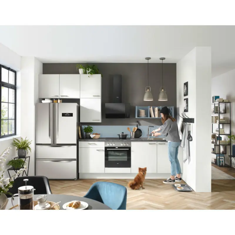 K&uuml;chenleerblock 340 cm in Anthrazit, Wei&szlig;, Pastellblau