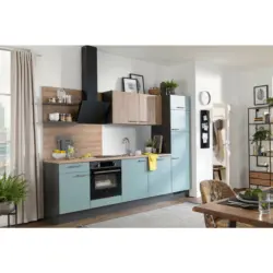 K&uuml;chenleerblock 290 cm in Graphitfarben, Gr&uuml;n, Eichefarben