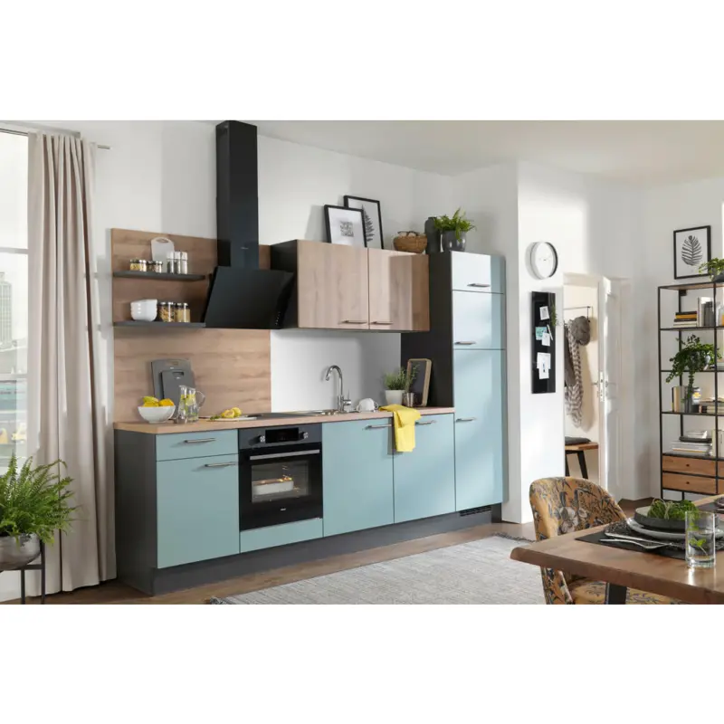 K&uuml;chenleerblock 290 cm in Graphitfarben, Gr&uuml;n, Eichefarben