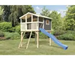 Hornbach Stelzenhaus AKUBI Benjamin Holz terragrau mit Netzrampe und Rutsche blau