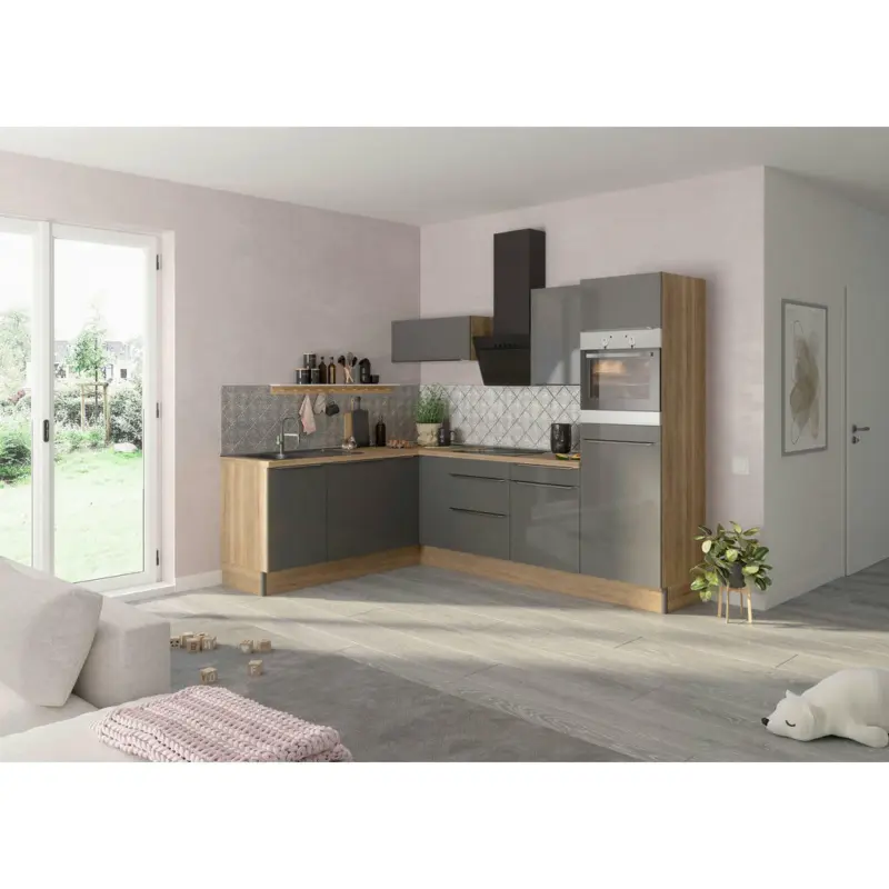 Eckküche 200/270 cm in Anthrazit, Eichefarben