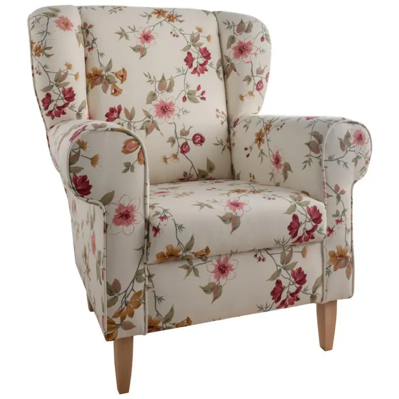 Ohrensessel in Webstoff Rot, Buchefarben, Beige