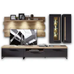 Wohnwand 314/201/44 cm in Graphitfarben, Eichefarben