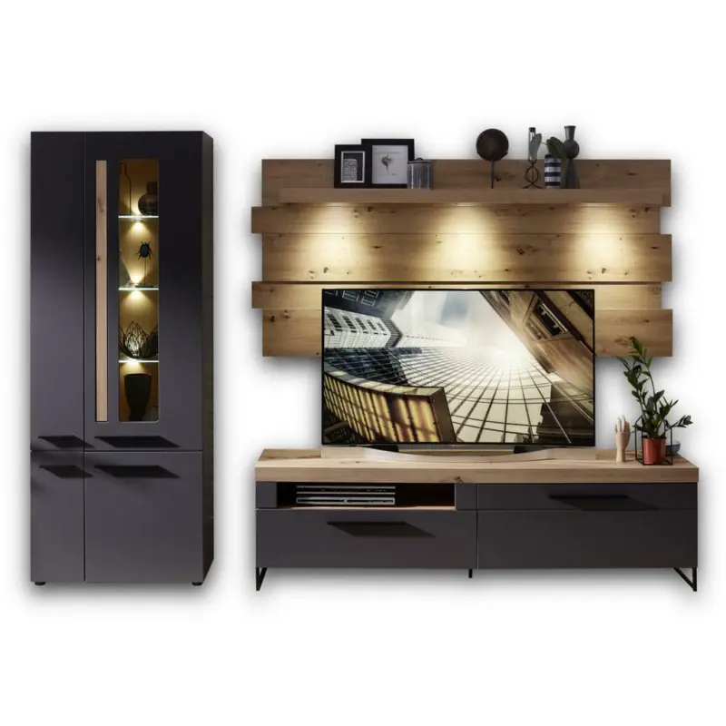 Wohnwand 288/201/44 cm in Graphitfarben, Eichefarben