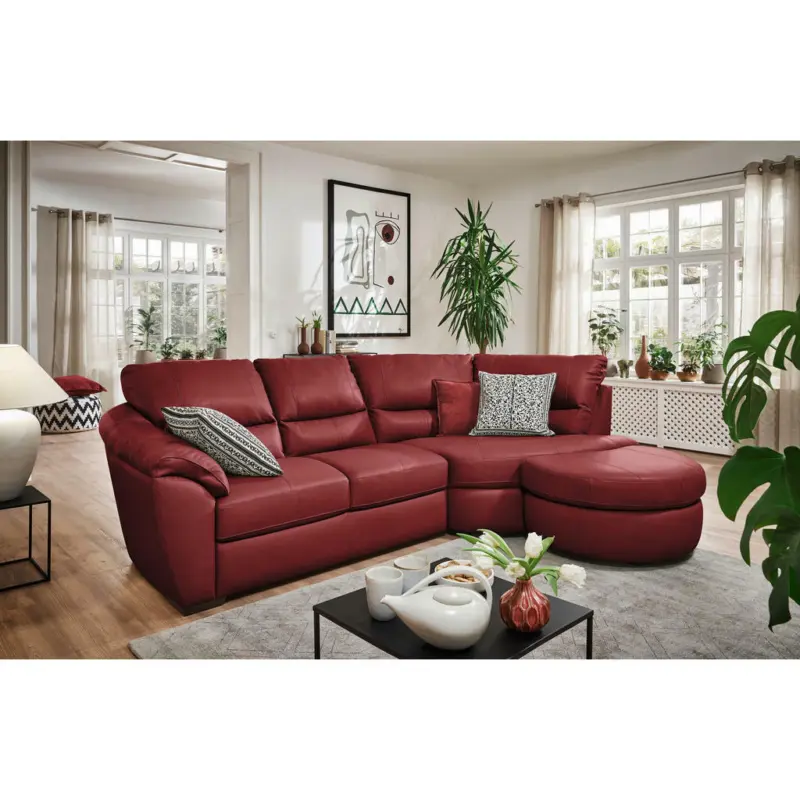 Ecksofa in Kombination Echtleder/Lederlook Rot