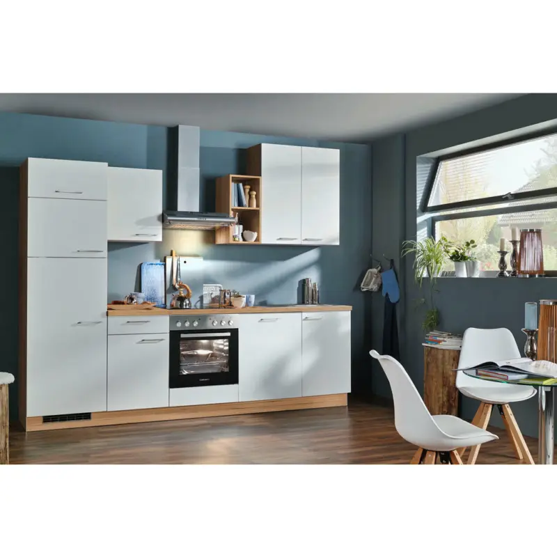 Küchenblock 280 cm in Weiß, Eichefarben