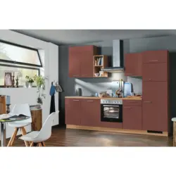 Küchenblock 280 cm in Eichefarben, Dunkelrot