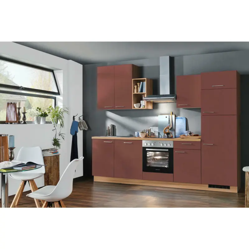 Küchenblock 280 cm in Eichefarben, Dunkelrot