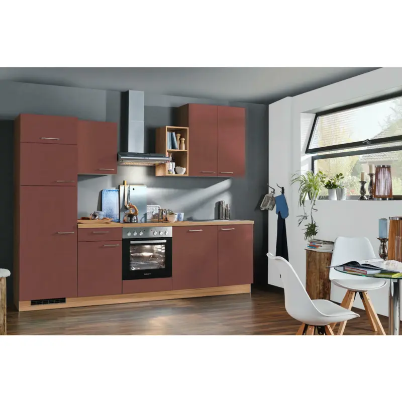 K&uuml;chenblock 280 cm in Eichefarben, Dunkelrot