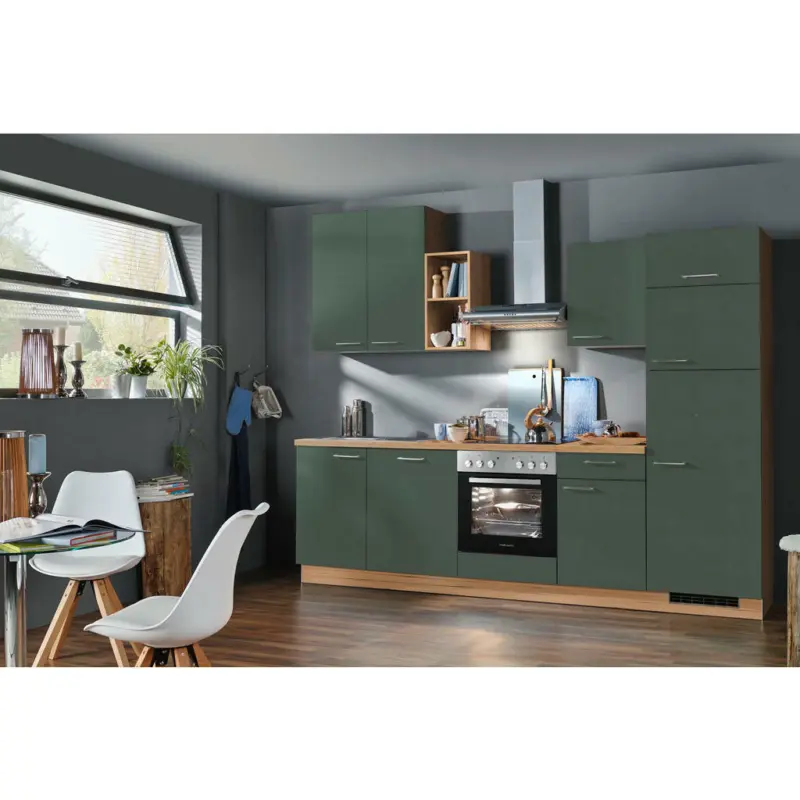 Küchenblock 280 cm in Eichefarben, Dunkelgrün