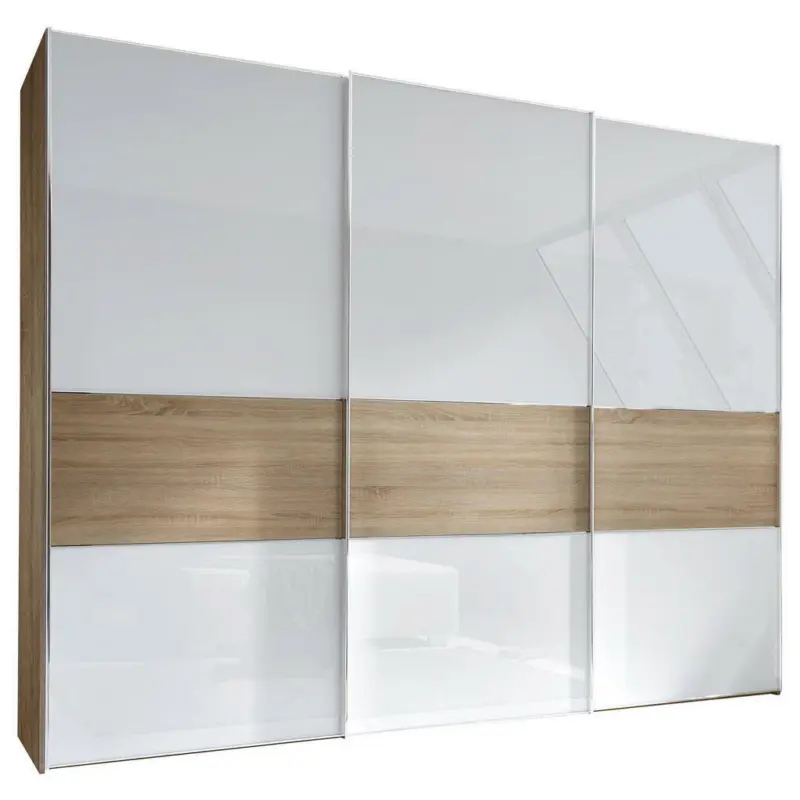 Schwebetürenschrank in Weiß, Eichefarben