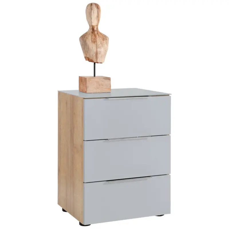 Nachtkästchen in Eichefarben, Hellgrau