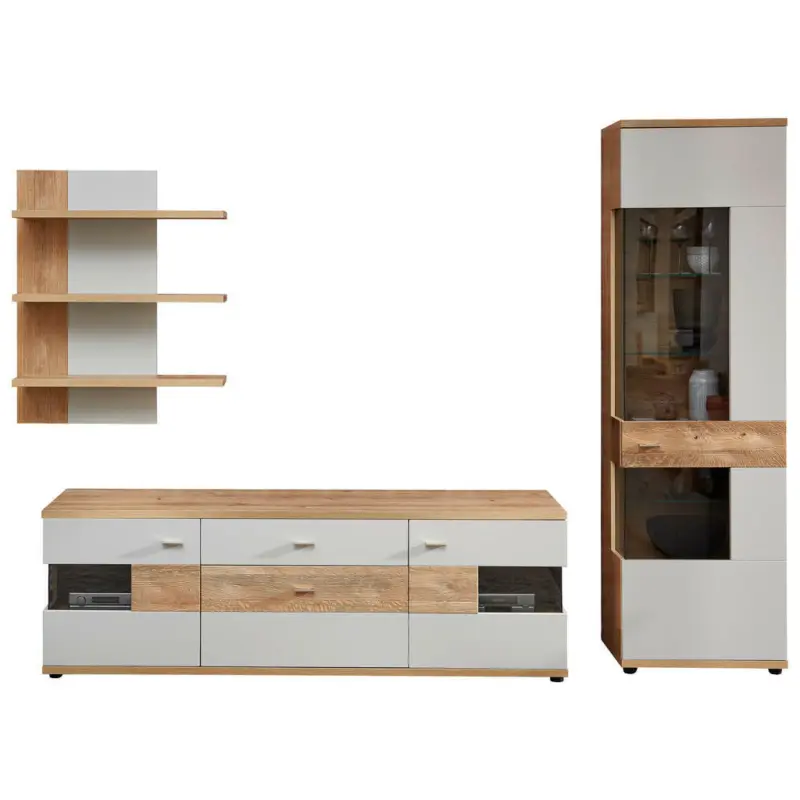 Wohnwand 285/202/48 cm in Hellgrau, Eiche Artisan, Wildeiche