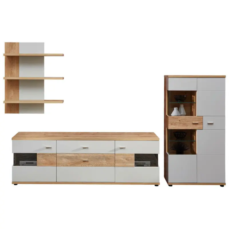 Wohnwand 300/202/48 cm in Hellgrau, Eiche Artisan, Wildeiche