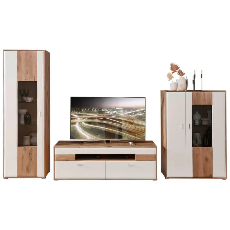 Wohnwand 350/204/50 cm in Weiß, Eichefarben