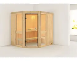 Elementsauna Karibu Omelia 1 ohne Ofen und Dachkranz mit bronzierter Ganzglastüre