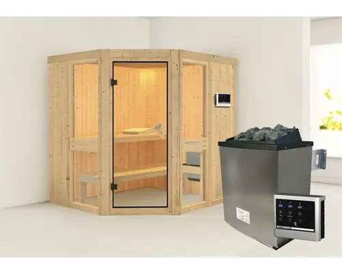 Elementsauna Karibu Omelia 1 inkl. 9 kW Ofen u.ext.Steuerung ohne Dachkranz mit bronzierter Ganzglastüre