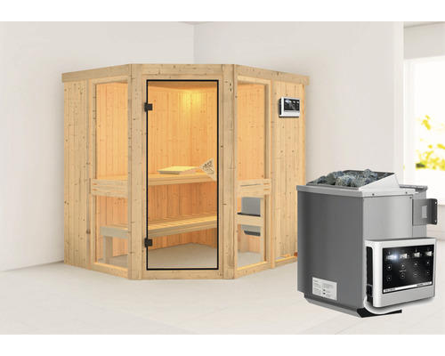 Elementsauna Karibu Omelia 1 inkl. 9 kW Bio Ofen u.ext.Steuerung ohne Dachkranz mit bronzierter Ganzglastüre