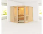 Hornbach Elementsauna Karibu Omelia 3 ohne Ofen und Dachkranz mit bronzierter Ganzglastüre