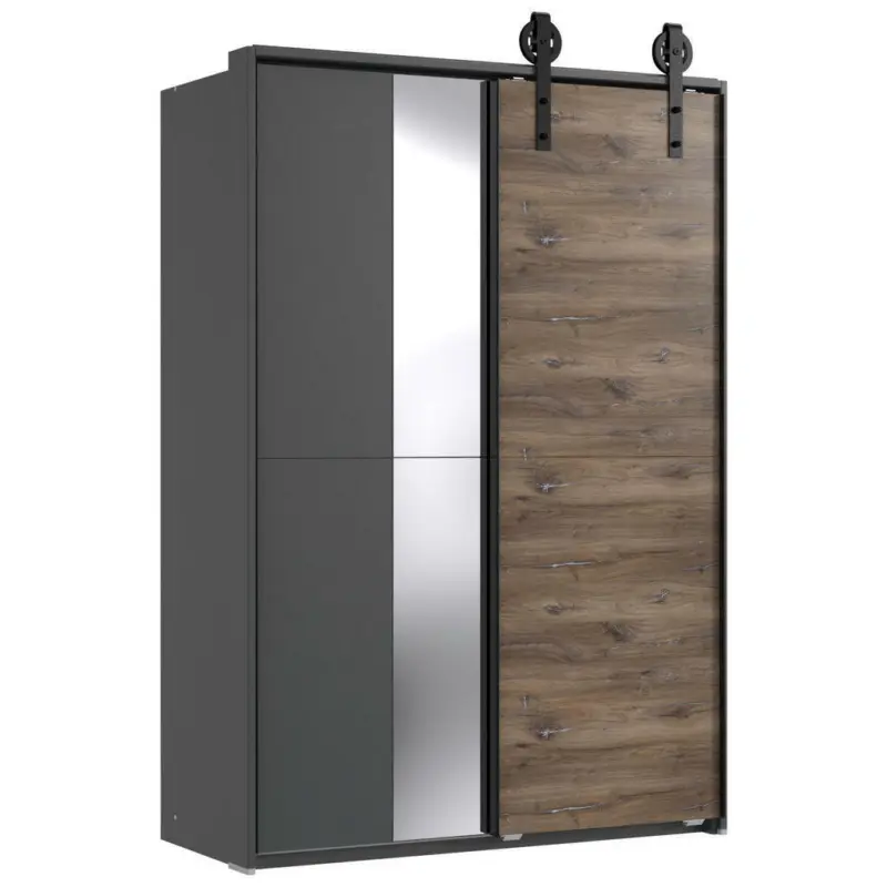Schwebetürenschrank in Graphitfarben, Eichefarben, Dunkelbraun