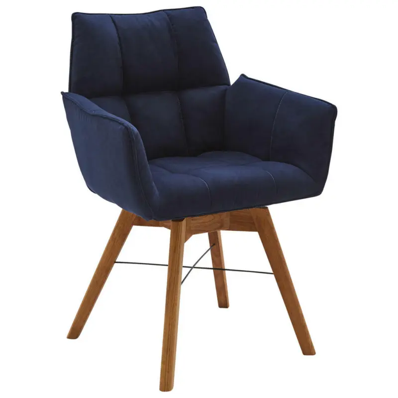 Armlehnstuhl in Holz, Textil Eichefarben, Dunkelblau
