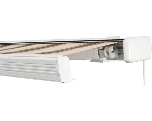 SOLUNA Kassettenmarkise Exquisit 5x2,5 Stoff Dessin 0842 Gestell RAL 9010 reinweiß Antrieb rechts inkl. Motor und Wandschalter