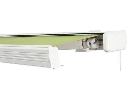 SOLUNA Kassettenmarkise Exquisit 4,5x2 Stoff Dessin 7244 Gestell RAL 9010 reinweiß Antrieb rechts inkl. Motor und Wandschalter