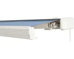 SOLUNA Kassettenmarkise Exquisit 4x3 Stoff Dessin 8204 Gestell RAL 9010 reinweiß Antrieb rechts inkl. Motor und Wandschalter