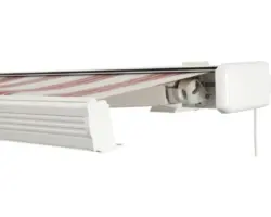 SOLUNA Kassettenmarkise Exquisit 5,5x2 Stoff Dessin 8783 Gestell RAL 9010 reinweiß Antrieb rechts inkl. Motor und Wandschalter