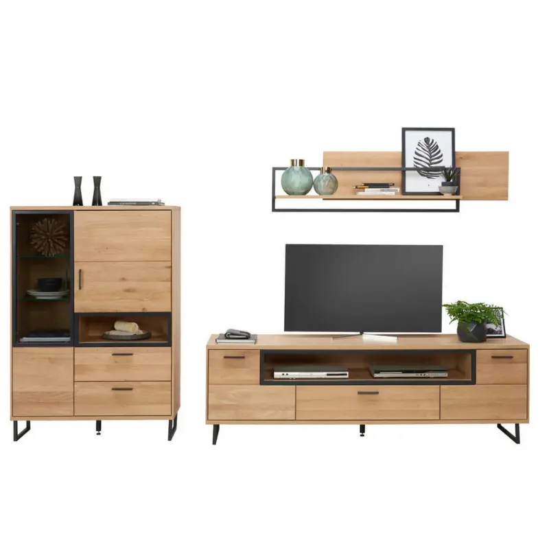 Wohnwand 290/177/50,2 cm in Eichefarben, Dunkelgrau