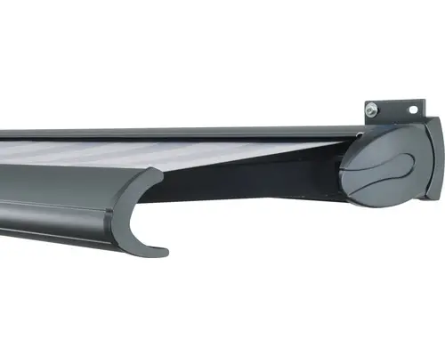 SOLUNA Kassettenmarkise Exclusiv 5x2,5 Stoff Dessin 7109 Gestell RAL 7016 anthrazitgrau Antrieb rechts inkl. Motor und Wandschalter