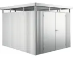Hornbach Gartenhaus Biohort HighLine inkl. Dachrinne Regale Set Lüftung Oberlicht 254 x 294 cm silber-metallic