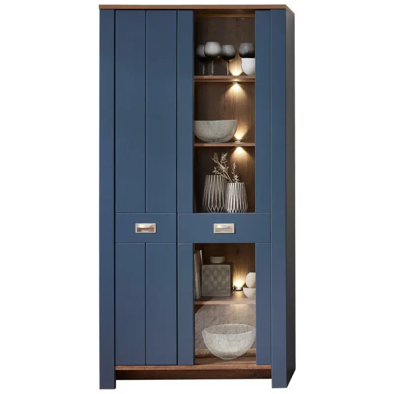 Vitrine in Blau, Braun, Eichefarben