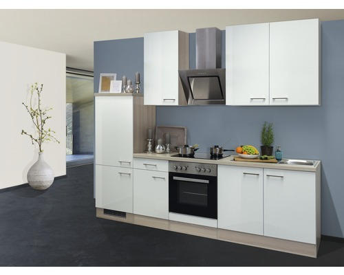 Küchenblock Flex Well Abaco 8600 Perlmutt glänzend/Akazie-Dekor 270 cm inkl. Einbaugeräte