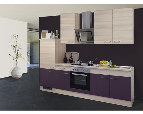 Küchenblock Flex Well Focus 8603 Akazie-Dekor/Aubergine 270 cm inkl. Einbaugeräte