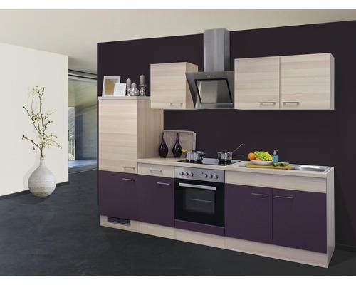 Küchenblock Flex Well Focus 8768 Akazie-Dekor/Aubergine 270 cm inkl. Einbaugeräte