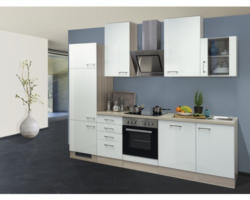 Küchenblock Flex Well Abaco 8897 Perlmutt glänzend/Akazie-Dekor 280 cm inkl. Einbaugeräte